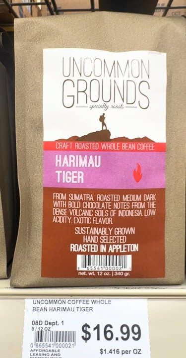 A bag of Uncommon Grounds Harimau Tiger on a grocery shelf, $16.99